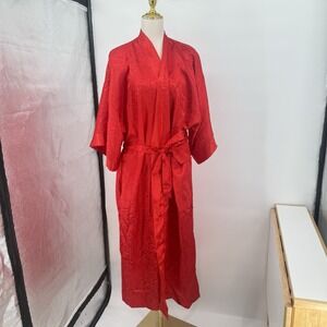 Vtg California Dynasty Womens Kimono Robe Red Embossed Floral Sash